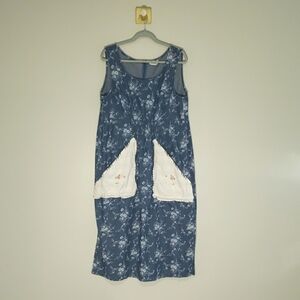 Unique Vintage Coldwater Creek Midi Floral Denim Jumper Dress 18W Blue White